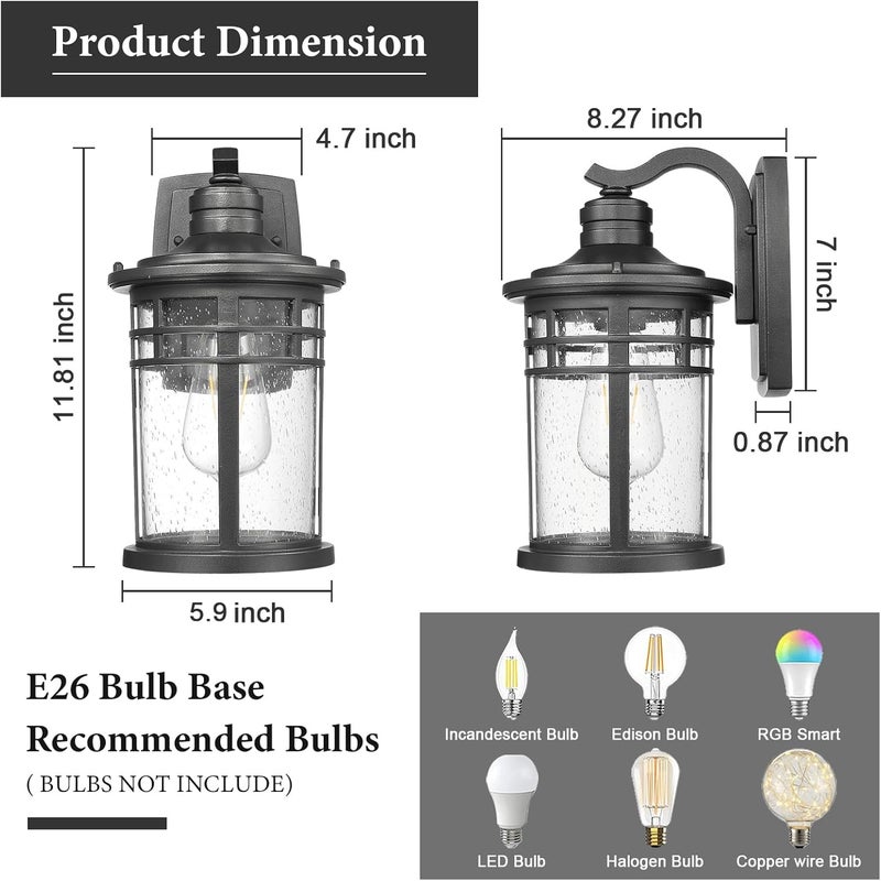 Darkaway Outdoor Porch Lights Wall Mount, Outdoor Light Fixtures Sconces Wall Lighting with Seeded Glass Waterproof Exterior Lights for Patio Yard House Hallway Doorway Garage(2 Pack, Black) - Image 5